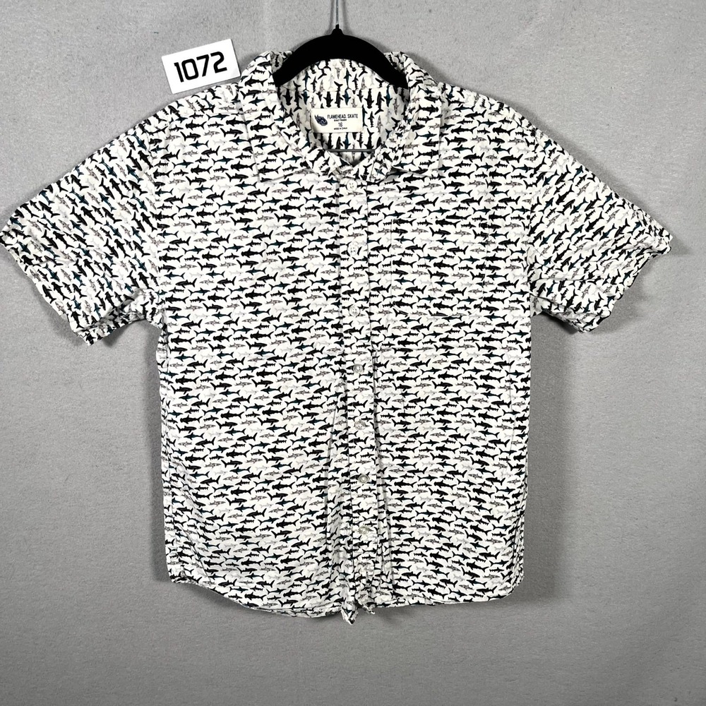 Flamehead Skate‎ Built Tough Shirt Boys 16 Shark Print Short Sleeve Button Up
